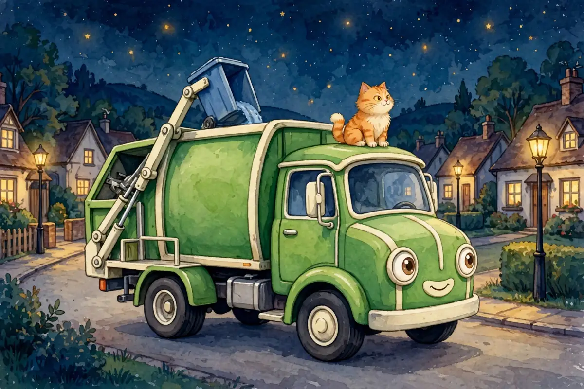 Rumble empties a bin with his lift arm on a quiet street lit by golden streetlights, with Biscuit riding on top.
