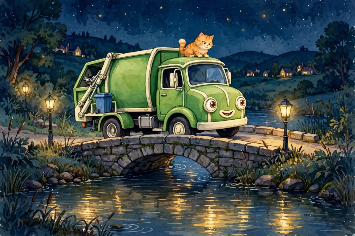 Rumble crosses a stone bridge over a river full of shimmering golden lights while Biscuit peers down at the water.