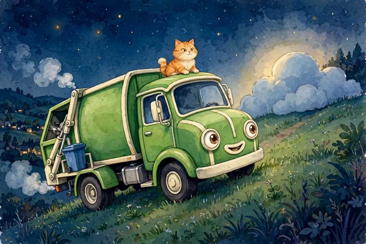 Rumble climbs a grassy hill, puffing softly, toward a sleepy cloud with a faint glow behind it.