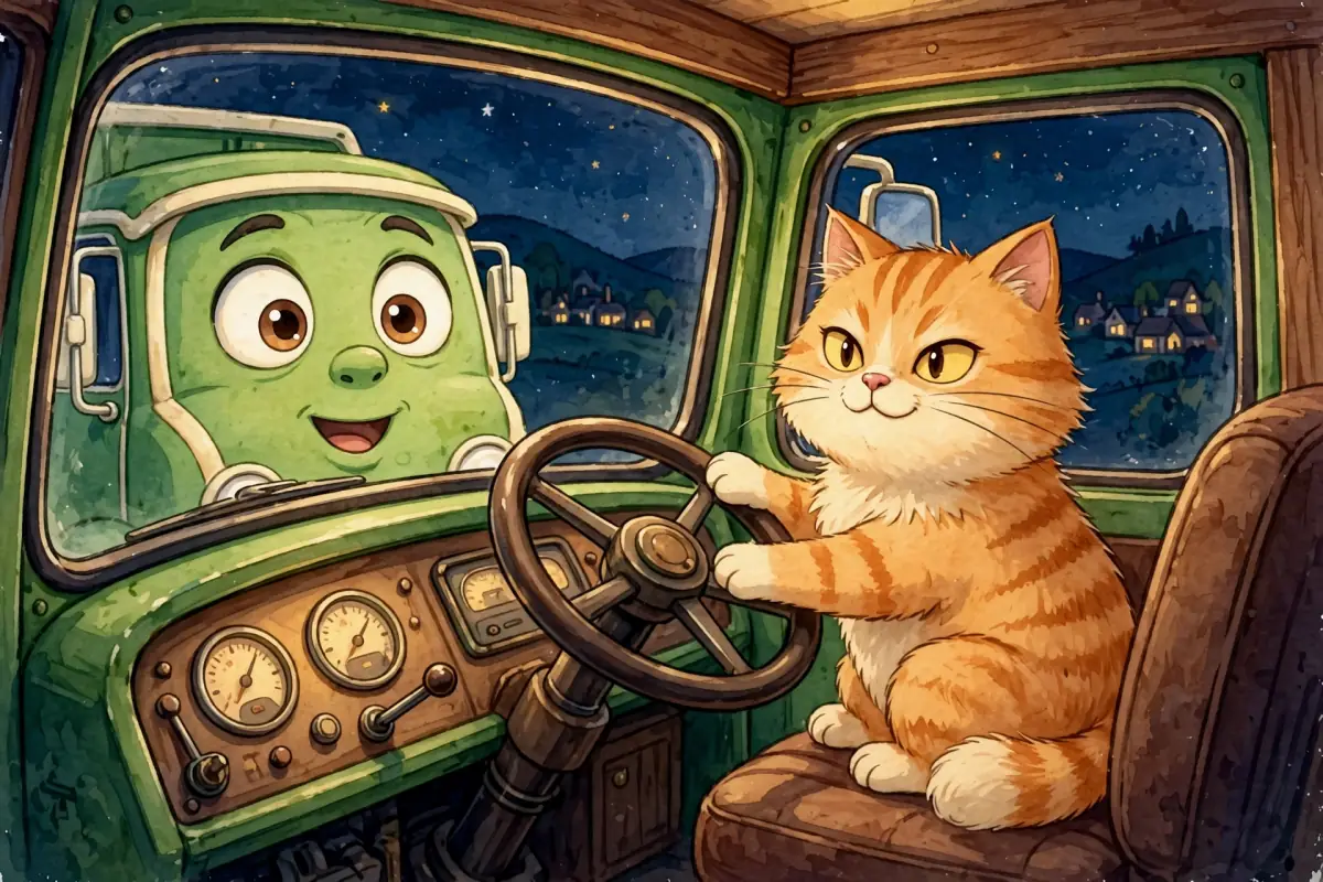 Biscuit sits in the driver’s seat with her paws on the steering wheel, looking very proud, while Rumble’s eyes look on, amused.