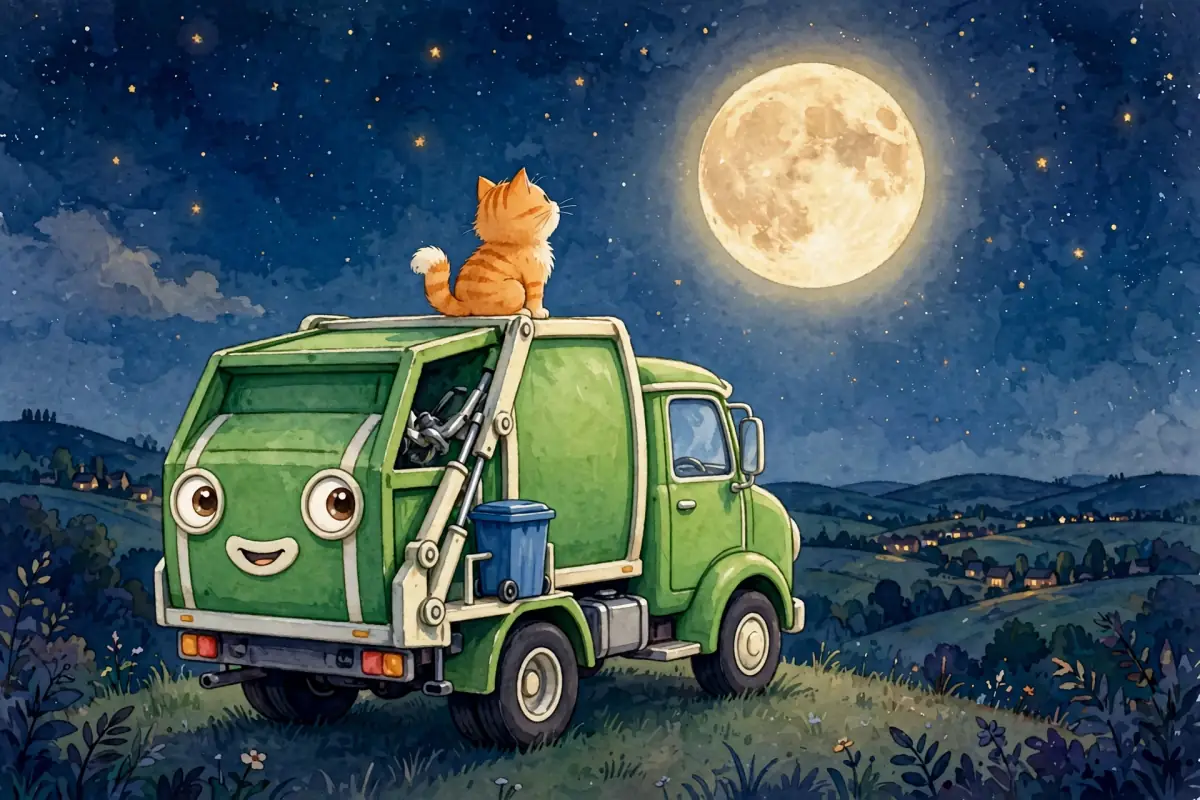 A huge, glowing golden moon fills the sky as Rumble and Biscuit look up at it in wonder.