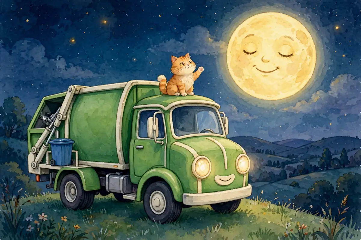 Rumble and the smiling moon greet each other, while Biscuit waves a paw from the roof.