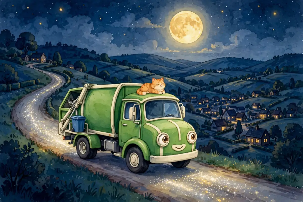 Rumble drives home down the hill with the big moon above him lighting a silvery road, and Biscuit riding relaxed on his roof.