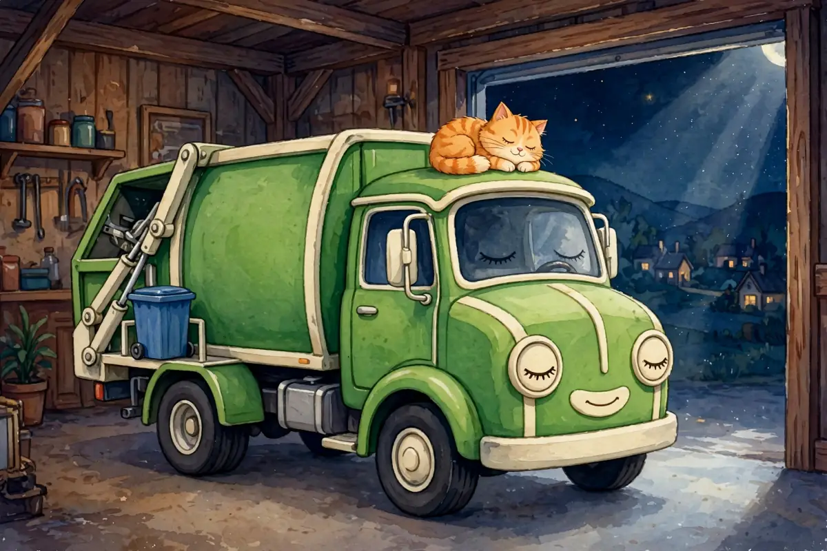 Rumble sleeps in his garage with Biscuit curled up on his roof and soft moonlight spilling through the open door.